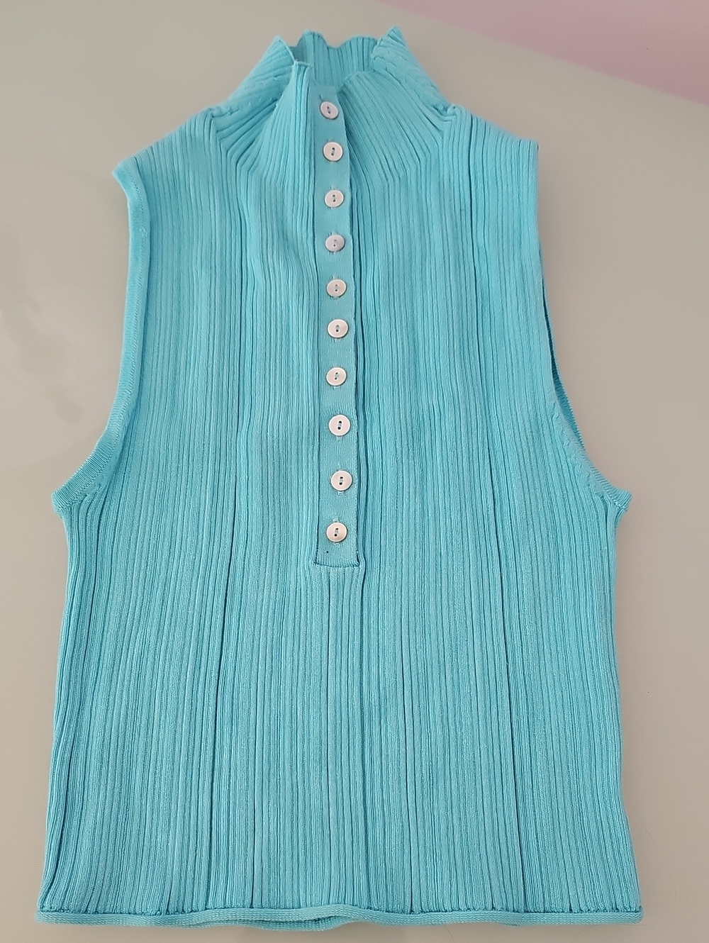 Sleeveless Ribbed Button-Back Top - Aqua